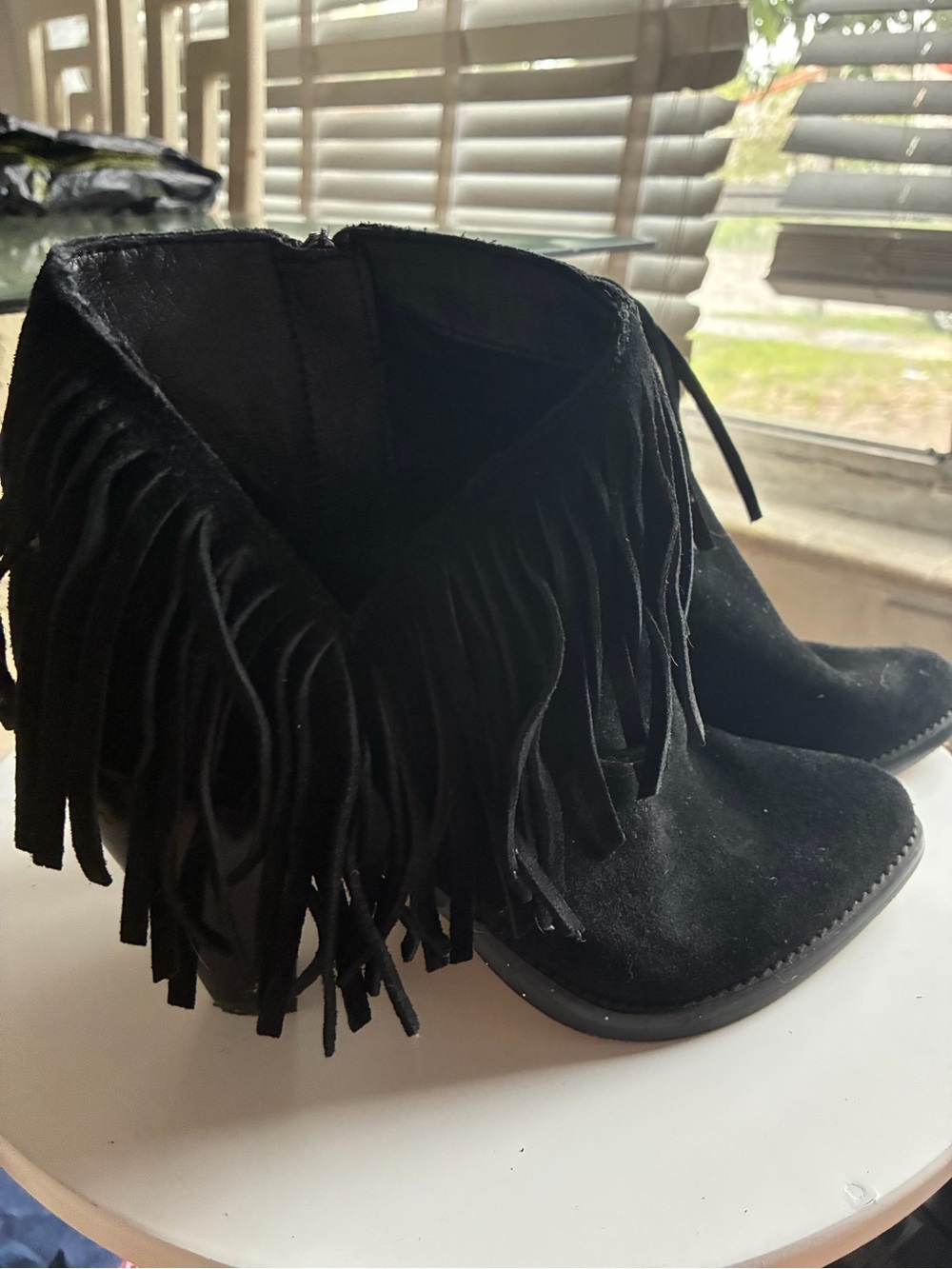 Black Fringe Suede Ankle Boots - Women's Fashion Boots - Picture 6 of 6